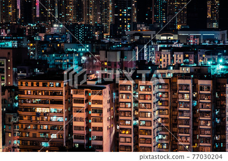 city skyline at night, city lights in residential area, Hong Kong - 77030204