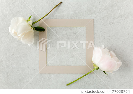 Frame made of pink peonies flower on gray background. Flat lay, top view. Frame of flowers. Frame made of pink peonies flower on gray background. Flat lay, top view. Frame of flowers. 77030764