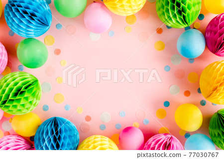 Frame from Balloons and confetti on pink background. Valentines day, Birthday, holiday concept. Flat lay, top view. Birthday party background Frame from Balloons and confetti on pink background. Valentines day, Birthday, holiday concept. Flat lay, top view. Birthday party background 77030767