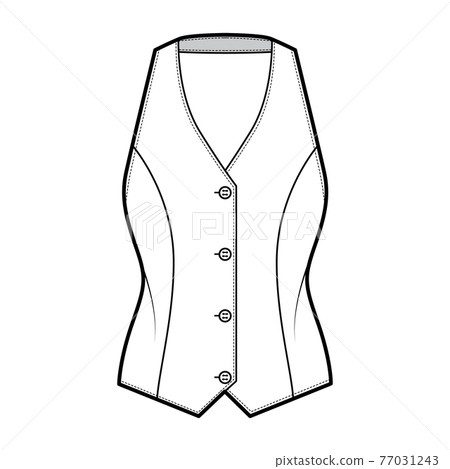 Halter vest pique waistcoat technical fashion illustration with backless, V-neckline, button-up closure, slim fit. Flat  77031243