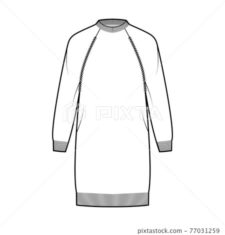 Fisherman dress Sweater technical fashion illustration with crewneck, long raglan sleeves, hip length, knit trim. Flat 77031259