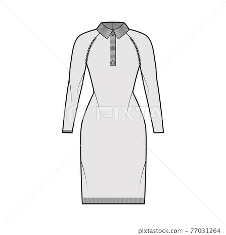 Dress Polo Sweater technical fashion illustration with henley neck, classic collar, long raglan sleeves, knee length Dress Polo Sweater technical fashion illustration with henley neck, classic collar, long raglan sleeves, knee length 77031264