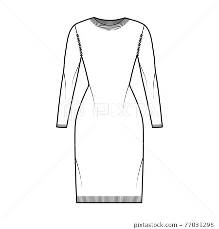 Crew neck dress Sweater technical fashion illustration with long sleeves, slim fit, knee length, knit rib trim jumper 77031298