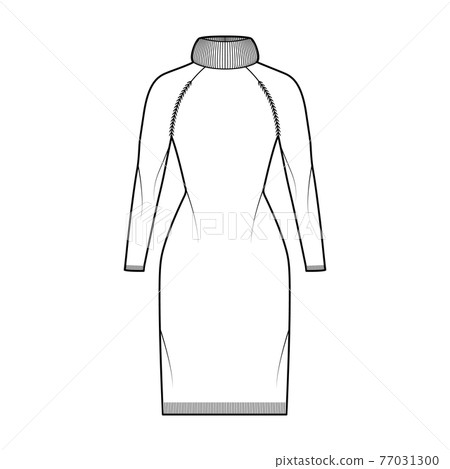 Sweater dress Exaggerated Turtleneck technical fashion illustration with long raglan sleeves, slim fit, knee length 77031300