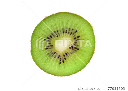 Closeup slice of one green kiwi fruit isolated on white Closeup slice of one green kiwi fruit isolated on white 77031303