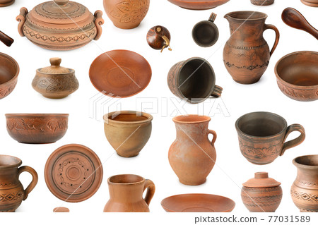 Seamless pattern ceramic products from different angles isolated on white 77031589