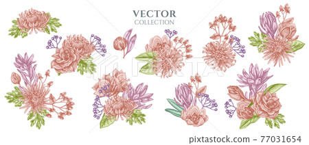 Flower bouquet of pastel viburnum, hypericum, tulip, aster, leucadendron, amaryllis Flower bouquet of pastel viburnum, hypericum, tulip, aster, leucadendron, amaryllis 77031654