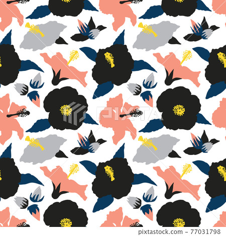 Seamless pattern with modern minimalist hibiscus flowers, buds and leaves. 77031798