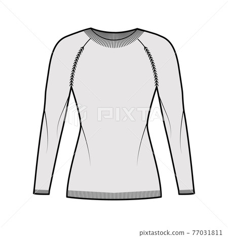 Crew neck Sweater technical fashion illustration with raglan long sleeves, slim fit, hip length, knit trim. Flat jumper Crew neck Sweater technical fashion illustration with raglan long sleeves, slim fit, hip length, knit trim. Flat jumper 77031811