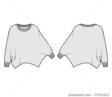 Sweater batwing sleeve technical fashion illustration with rib oval neck, oversized, hip length, knit trim. Flat garment Sweater batwing sleeve technical fashion illustration with rib oval neck, oversized, hip length, knit trim. Flat garment 77031812
