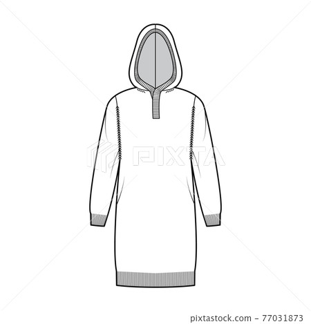 Hooded dress Sweater technical fashion illustration with rib henley neck, long sleeves, relax fit, knee length, rib trim Hooded dress Sweater technical fashion illustration with rib henley neck, long sleeves, relax fit, knee length, rib trim 77031873