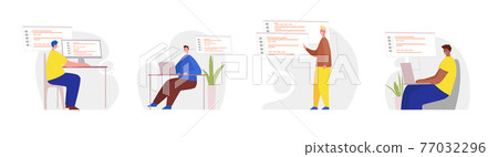 Set of programmers working on web development on computers. Concept of script coding and programming in php, python, javascript, other languages. Software developers. Flat cartoon illustration design Set of programmers working on web development on computers. Concept of script coding and programming in php, python, javascript, other languages. Software developers. Flat cartoon illustration design 77032296