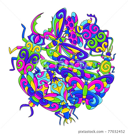 Decorative background with stylized bugs and insects. Mexican ceramic cute naive art. 77032452