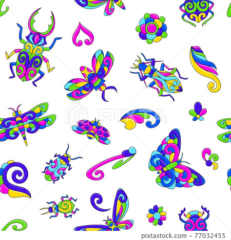 Seamless pattern with stylized bugs and insects. Mexican ceramic cute naive art. 77032455