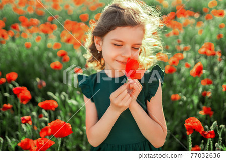 Girl in dress and straw hat outdoor At Poppy Field 77032636