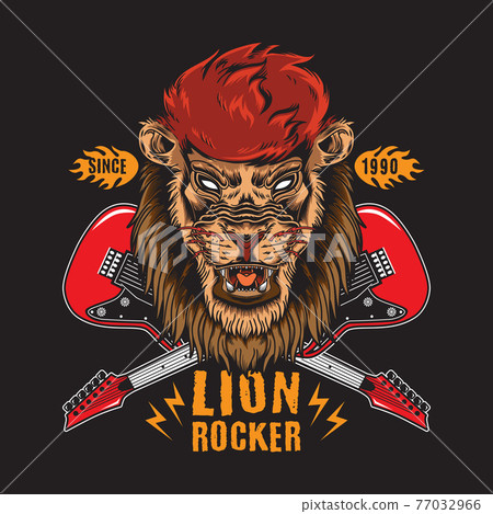 Retro Vintage Lion Rock n Roll with Crossed Guitar Illustration suitable for poster, flyer, greeting cards, sticker, social media and tshirt design 77032966