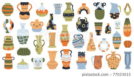 Modern pottery. Ceramic porcelain vases, hand drawn decorative porcelain vase isolated vector illustration set. Minimalist antique ceramic pottery 77033015