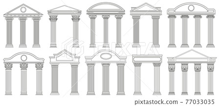 Ancient pediments. Greek and roman architecture temple facade with ancient pillars vector illustration set. Antique architectural pediments elements 77033035