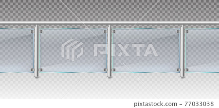 Realistic glass fence. Glass balustrade with metal railings, balcony or terrace plexiglass fencing 3d vector illustration. Glass balcony balustrade 77033038