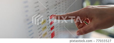 Female finger showing red numbers on table on computer screen closeup Female finger showing red numbers on table on computer screen closeup 77033527