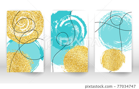 Abstract cover template. Set of geometric shapes and lines. Watercolor painting texture. Minimalist hand painted shapes and gold particles. 77034747