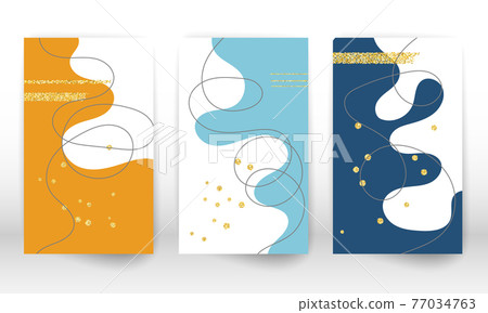 Modern art painting. Set of fluid shapes and lines. Minimalist hand painted liquid shapes. Modern art background. 77034763