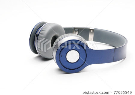 Blue and silver modern headphones on a white background Blue and silver modern headphones on a white background 77035549