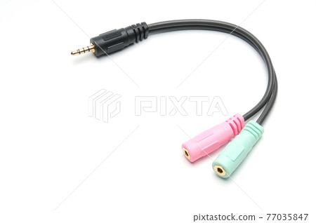 Audio video adapter cable with trrs jack to trs connectors on a white background 77035847
