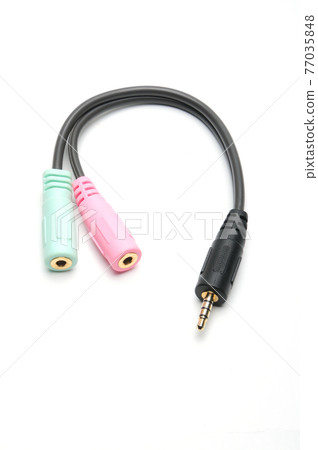 Audio video adapter cable with trrs jack to trs connectors on a white background 77035848