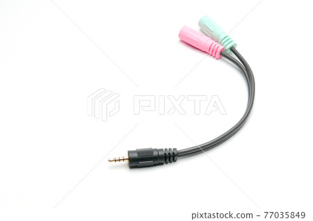 Audio video adapter cable with trrs jack to trs connectors on a white background 77035849