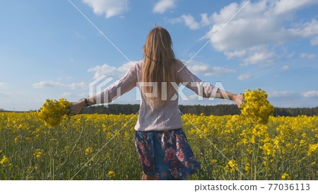 A girl in a white dress is walking among a rapeseed field. A girl in a white dress is walking among a rapeseed field. 77036113