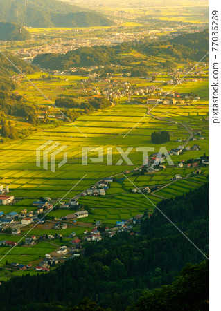 Summer countryside (evening): View of Iiyama City from Hiramaru Pass Summer countryside (evening): View of Iiyama City from Hiramaru Pass 77036289