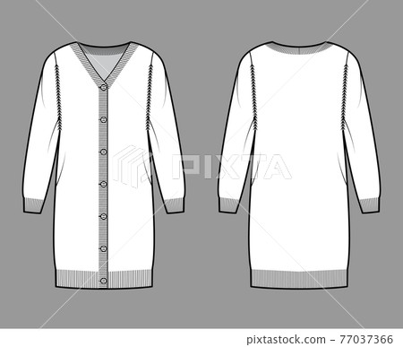 Cardigan dress Sweater technical fashion illustration with rib V- neck, long sleeves, button closure, relax fit, trim Cardigan dress Sweater technical fashion illustration with rib V- neck, long sleeves, button closure, relax fit, trim 77037366