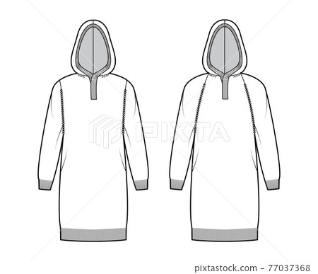 Set of Hooded dresses Sweaters technical fashion illustration with henley neck, raglan sleeves, relax fit, hip length 77037368