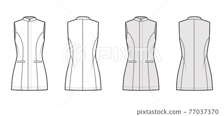 Long vest waistcoat technical fashion illustration with fitted body, sleeveless, stand collar, hide closure, welt pocket Long vest waistcoat technical fashion illustration with fitted body, sleeveless, stand collar, hide closure, welt pocket 77037370