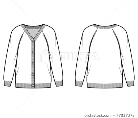 Sweater cardigan technical fashion illustration with V- neck, long raglan sleeves, oversized, fingertip length, rib trim Sweater cardigan technical fashion illustration with V- neck, long raglan sleeves, oversized, fingertip length, rib trim 77037372