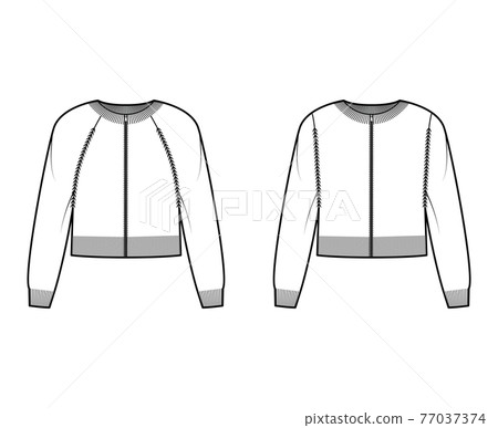 Set of Zip-up cropped cardigans Sweater technical fashion illustration with rib crew neck, knit trim, pockets Set of Zip-up cropped cardigans Sweater technical fashion illustration with rib crew neck, knit trim, pockets 77037374
