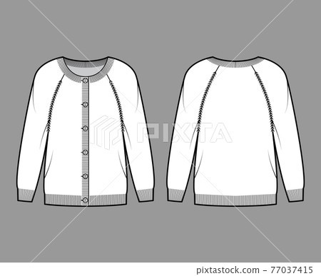 Round neck cardigan technical fashion illustration with button closure, long raglan sleeves, oversized, hip length Round neck cardigan technical fashion illustration with button closure, long raglan sleeves, oversized, hip length 77037415
