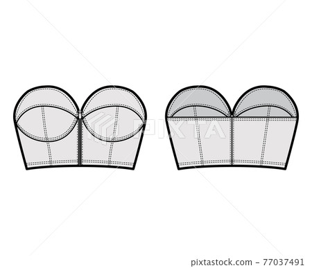 Denim bustier top technical fashion illustration with zip-up closure, cups strapless , slim fit, crop length. Flat bra Denim bustier top technical fashion illustration with zip-up closure, cups strapless , slim fit, crop length. Flat bra 77037491
