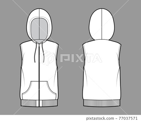 Hooded vest puffer waistcoat technical fashion illustration with sleeveless, kangaroo pouch, zip-up closure, oversized 77037571