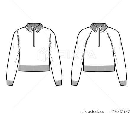 Set of Zip-up Sweaters cropped technical fashion illustration with rib henley neck, long raglan sleeves, oversized Set of Zip-up Sweaters cropped technical fashion illustration with rib henley neck, long raglan sleeves, oversized 77037587