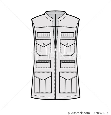 Safari vest waistcoat technical fashion illustration with sleeveless, stand collar, zip-up closure, pockets, oversized Safari vest waistcoat technical fashion illustration with sleeveless, stand collar, zip-up closure, pockets, oversized 77037603