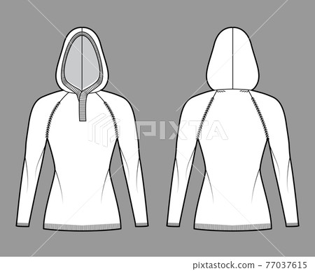 Hooded Sweater technical fashion illustration with rib henley neck, long raglan sleeves, slim fit, hip length, rib trim 77037615