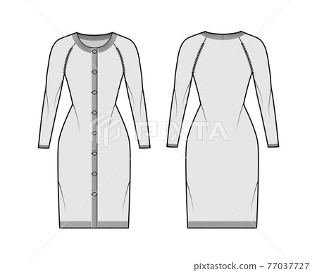 Round neck dress cardigan technical fashion illustration with long raglan sleeve, fitted body, hip length, knit rib cuff 77037727