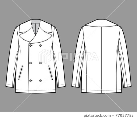Pea overcoat technical fashion illustration with double breasted, fingertip length, Stand up collar, jetted pockets 77037782