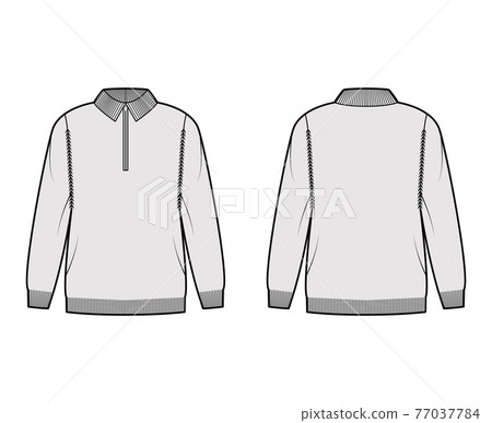 Zip-up Sweater technical fashion illustration with rib henley neck, classic collar, long sleeves, oversized, hip length 77037784