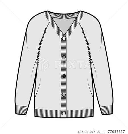 Sweater cardigan technical fashion illustration with V- neck, long raglan sleeves, oversized, fingertip length, rib trim Sweater cardigan technical fashion illustration with V- neck, long raglan sleeves, oversized, fingertip length, rib trim 77037857