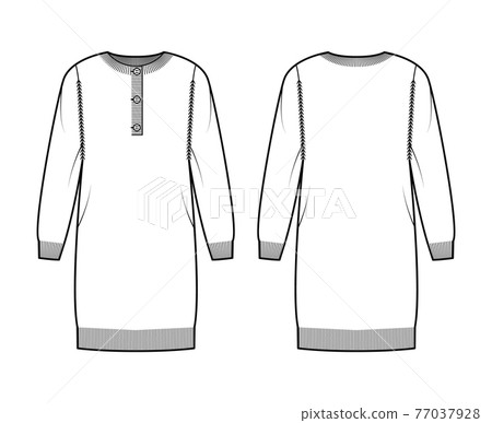Dress Sweater henley neck technical fashion illustration with long sleeves, relax fit, knee length, rib knit trim. Flat 77037928