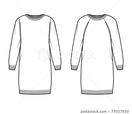 Set of crew neck dress Sweater technical fashion illustration with long raglan sleeves, oversized fit, knee length, trim 77037930