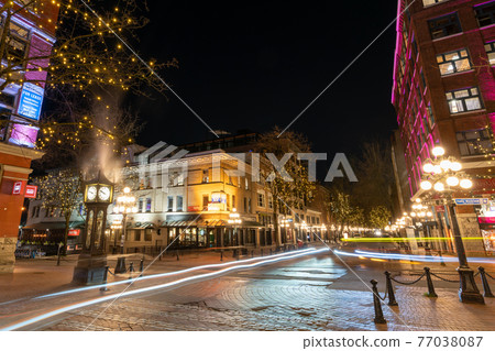 Gastown Steam Clock and Vancouver downtown beautiful street view at night. Cambie and Water Street. British Columbia, Canada. 77038087